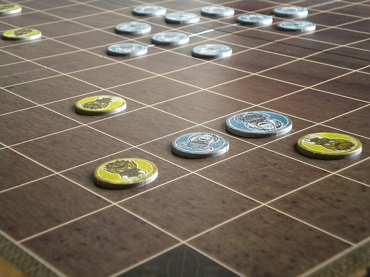 Close-up of the RomBol hnefatafl set in play