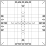 Layout for 13x13 boards with 37 pieces, forming a serif cross with gaps.