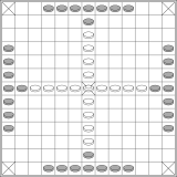 Layout for 13x13 boards with 49 pieces, forming a serif cross without gaps.